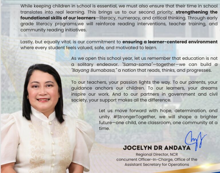 Asec. Andaya’s Message on Opening of Classes